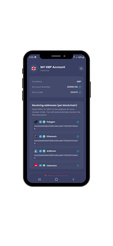 StrivePay screen titled "MY GBP Account"