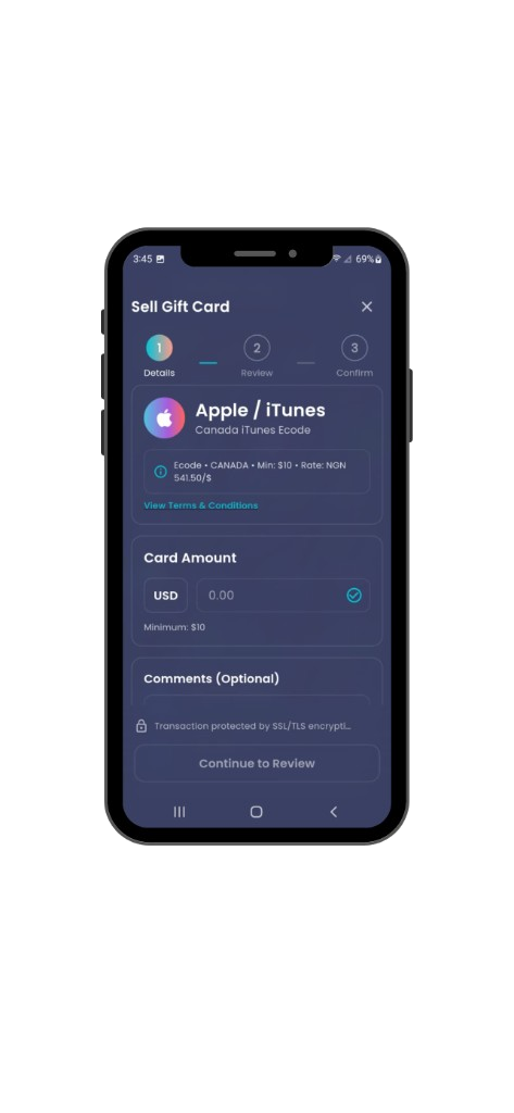 StrivePay screen titled "Sell Gift Card"