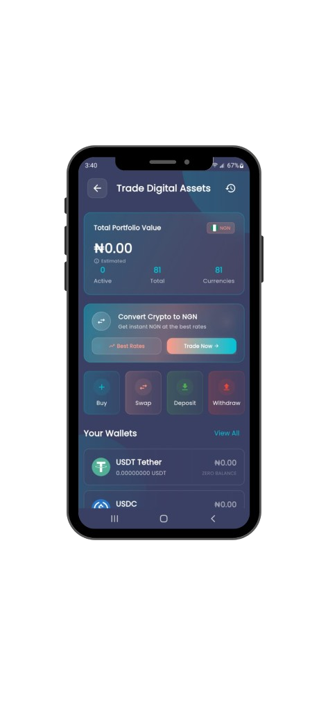 StrivePay screen titled "Trade Digital Assets"